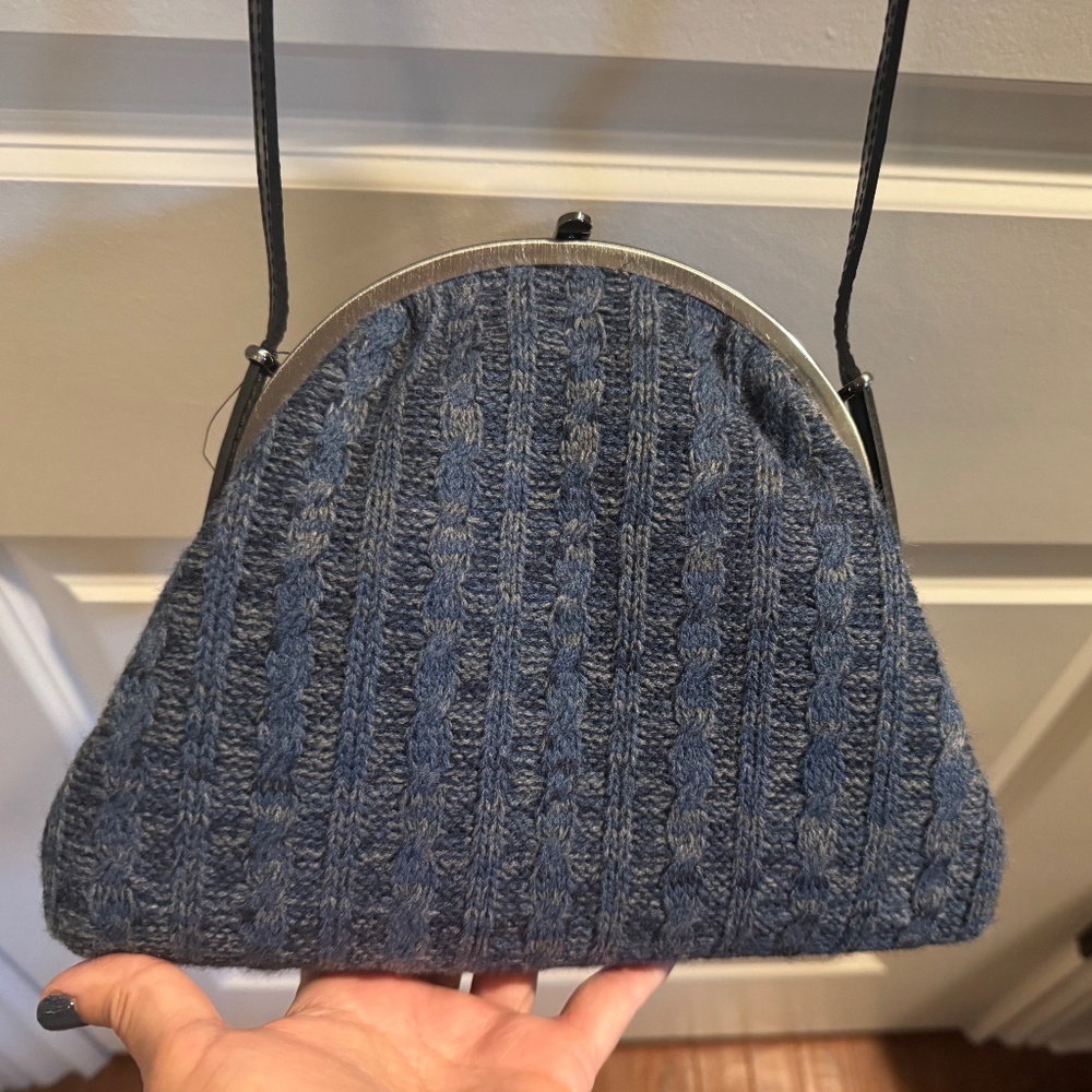 Patricia Nash Navy blue Cable knit sweater & leather crossbody kiss-lock handbag